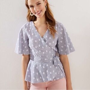 LOFT Polka Dot Stripe Flutter Sleeve Wrap Blouse